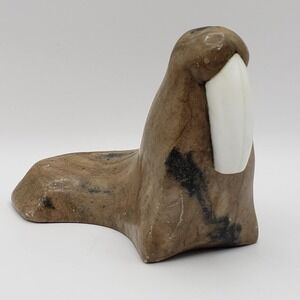 Carved Walrus Brown & Black Marbled Soapstone White Tusks Sculpture Paperweight